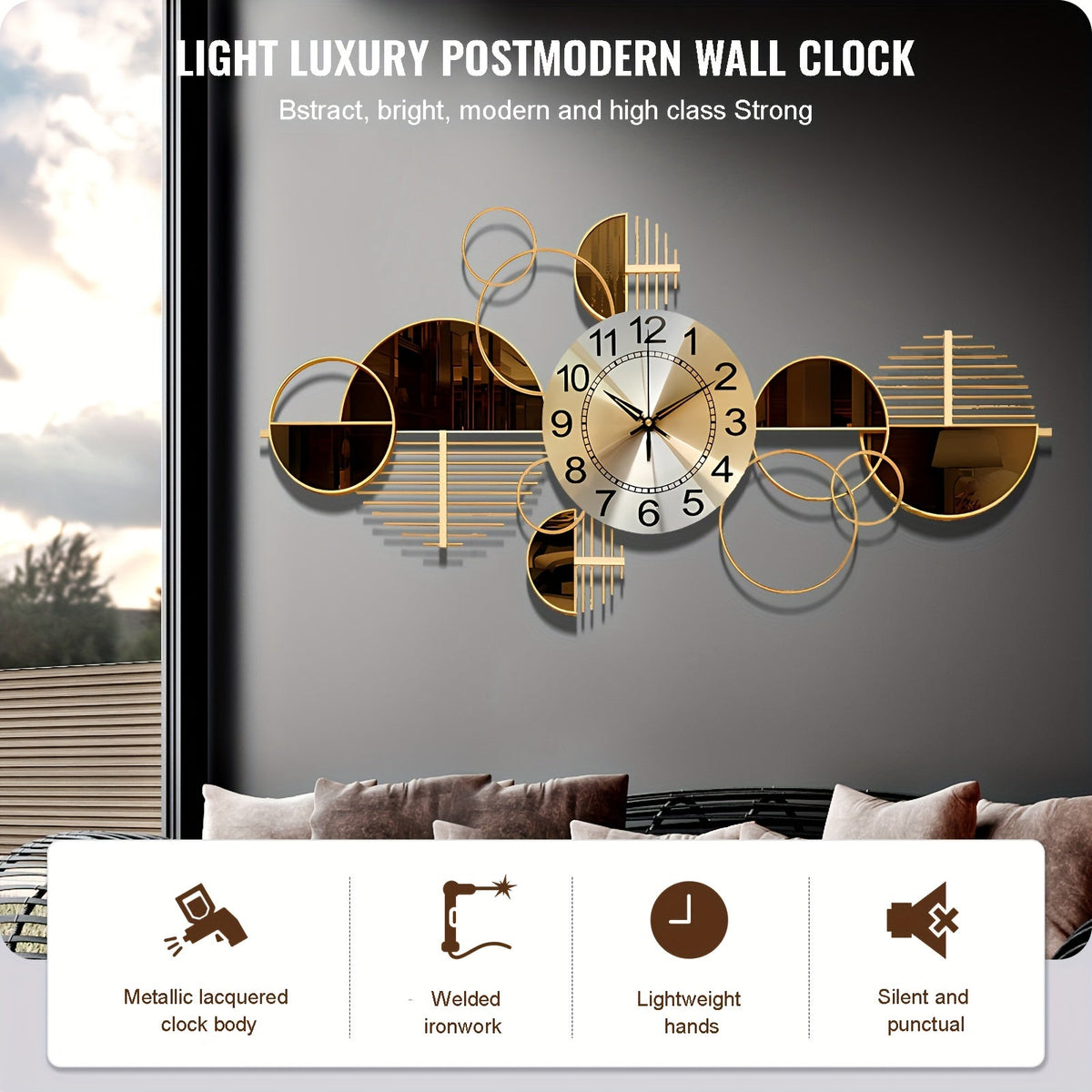 34 × 17 Inch Modern Iron Wall Clock – 3D Decorative Metal Wall Art