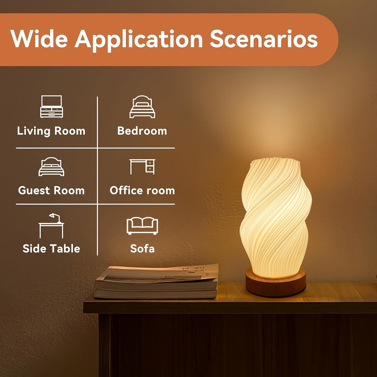 3D Printed Vase Night Light with Wooden Base – Decorative Table Lamp