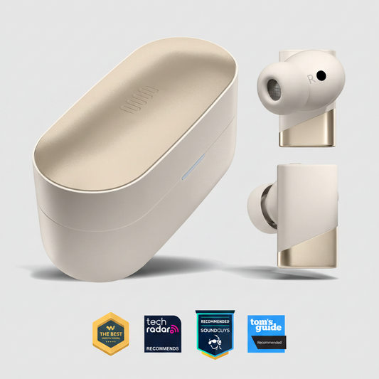 Beige wireless earbuds with charging case and certification badges on a white background