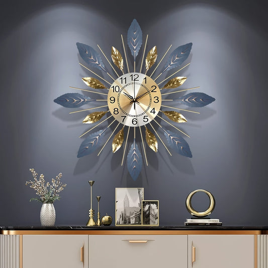 21.6-Inch Golden Blue Leaf Metal Wall Clock – Round Decorative Design