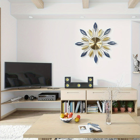 Modern Blue and Gold Leaf Metal Wall Clock for Living Room