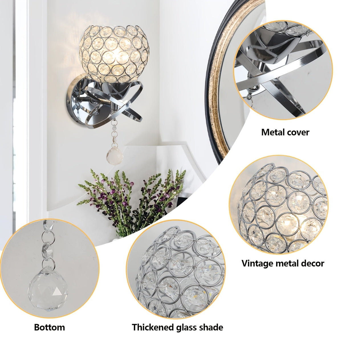 2-Piece Golden Crystal Wall Sconce Set – Modern E26 Decorative Lights