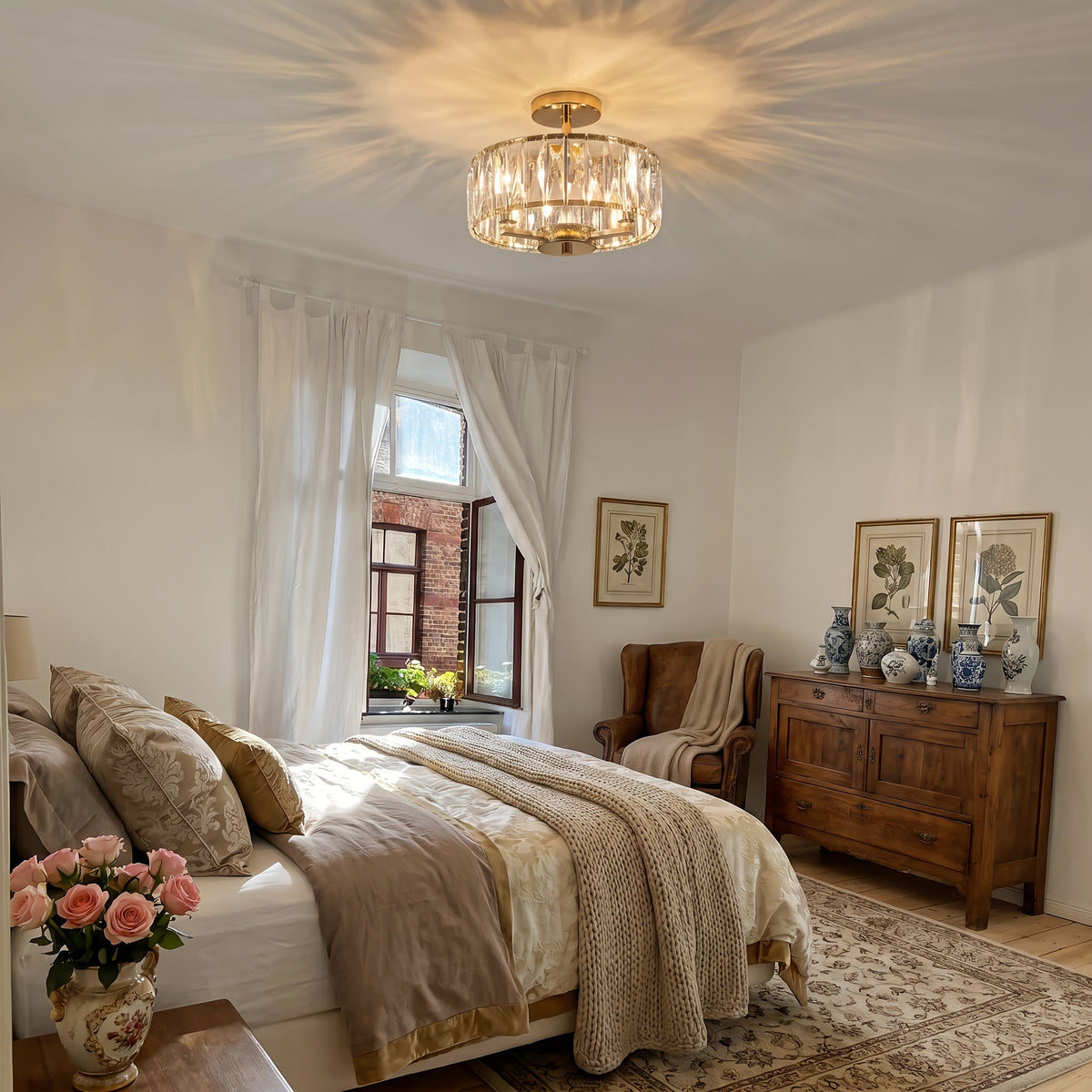 Elegant Crystal Drum Ceiling Lamp Installed in Bedroom
