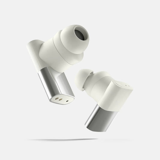 A pair of Gizpod Pro white wireless earbuds showing ergonomic design on a white background.