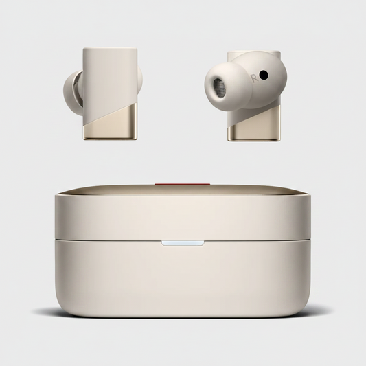 Beige wireless earbuds with charging case on a white background