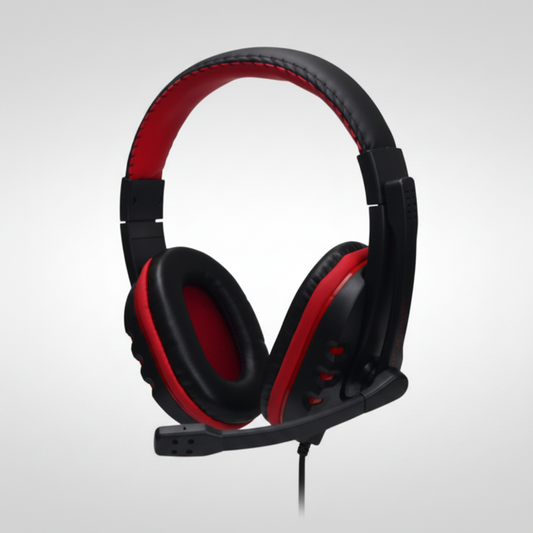 Black and red gaming headset on a white background