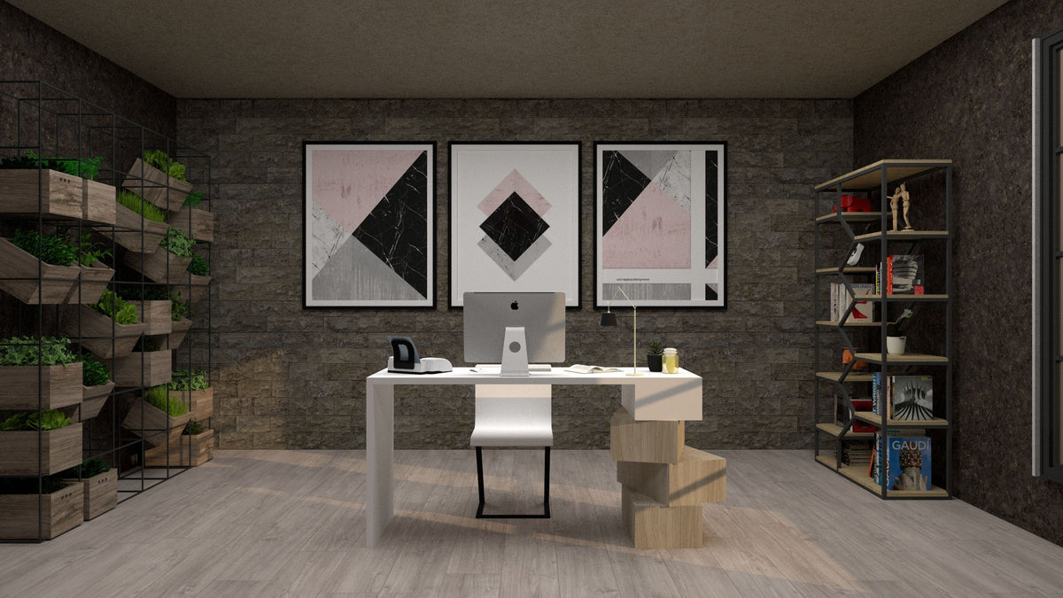 Modern Home Office Interior Decor with Desk and Wall Art